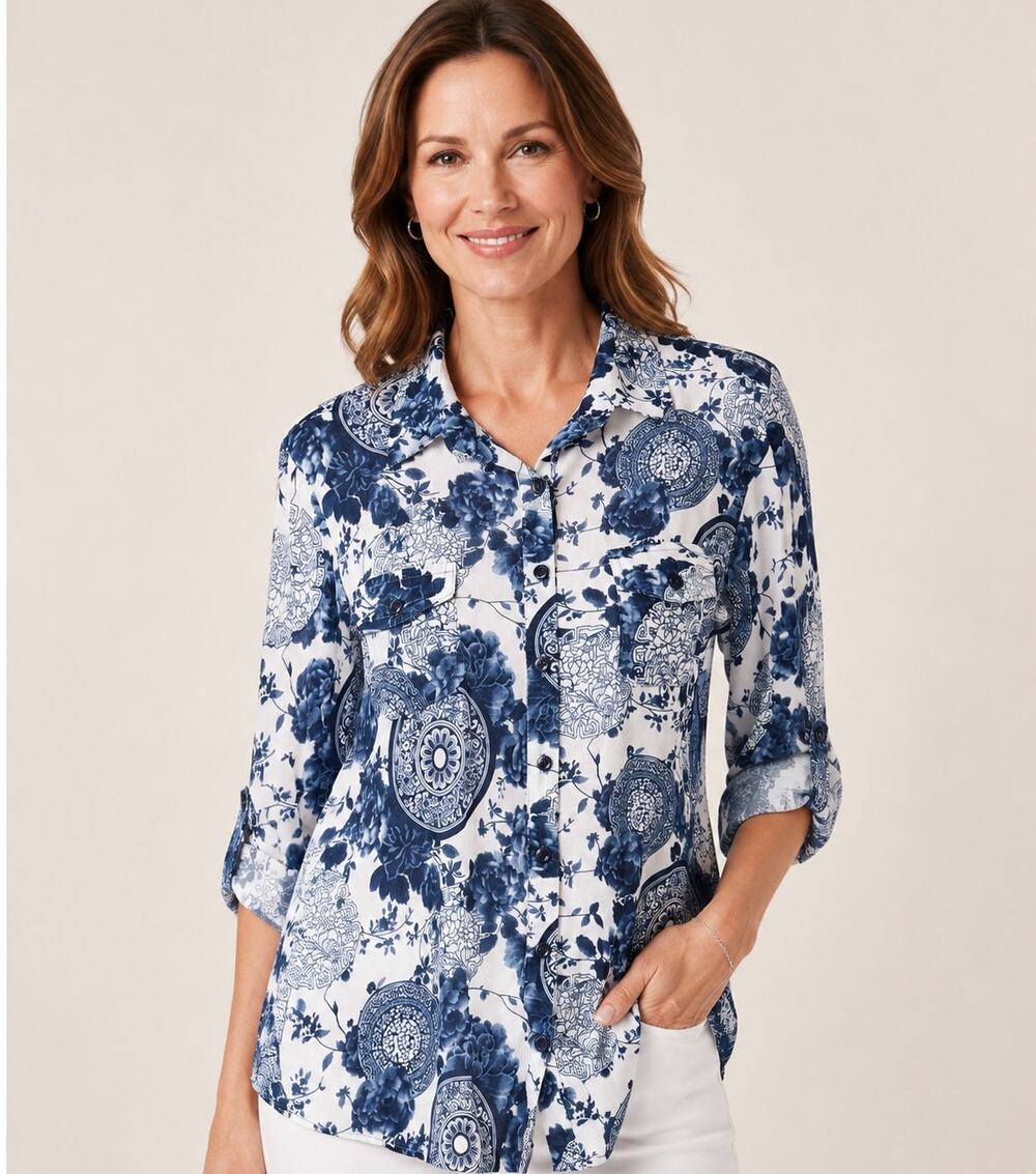 Eden & Olivia Blue White Porcelain Floral Button Down Blouse Roll Tab Size L NWT